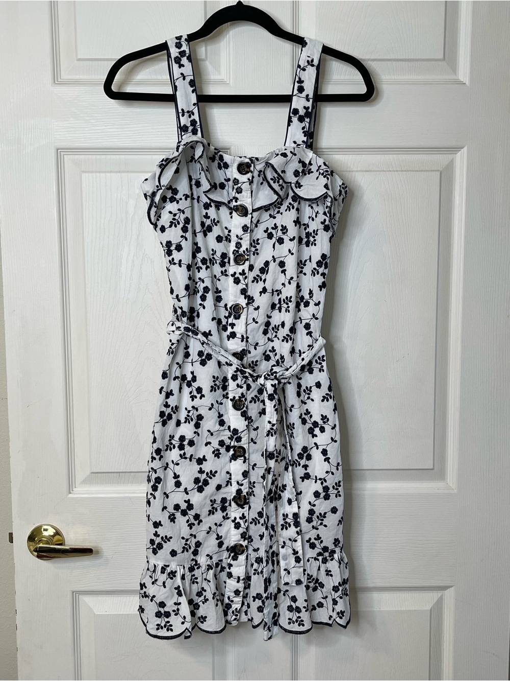 Ann Taylor White Mini Dress with Black Floral Print and Button Front